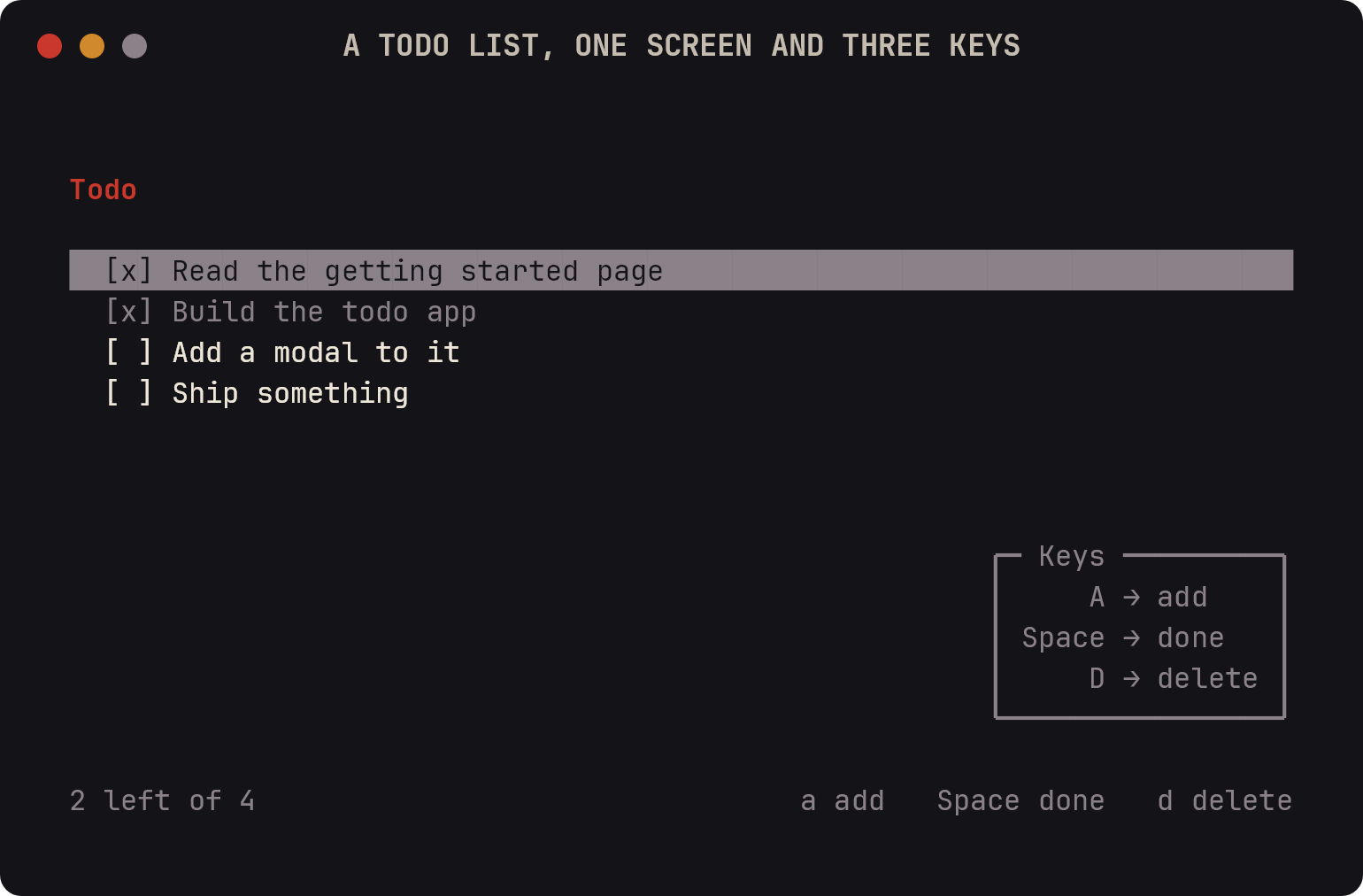 A todo list, one screen and three keys